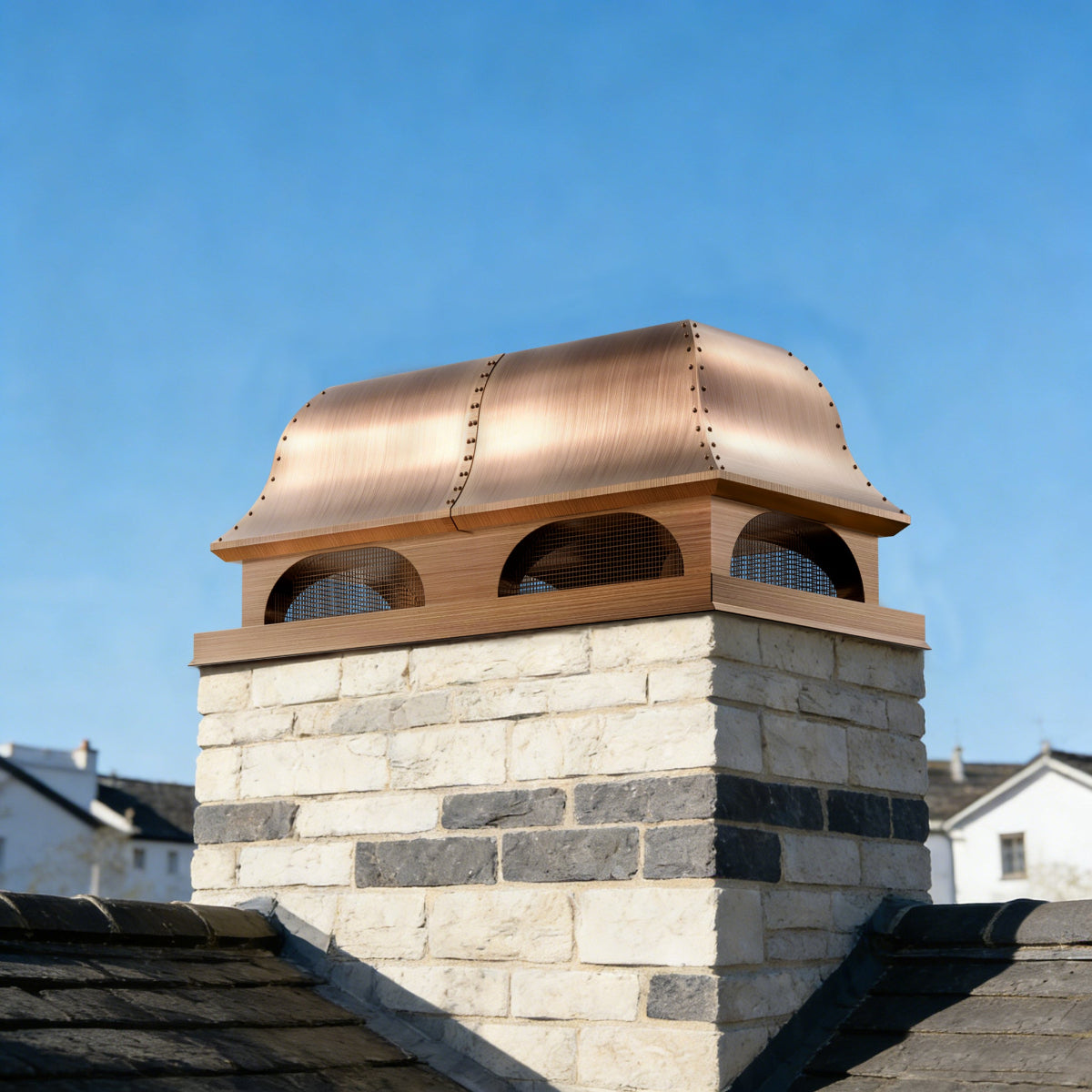 custom copper chimney cap with a flat top and elegant dome srounds and Bird Screen with straps and rivets at chimneycapmaster