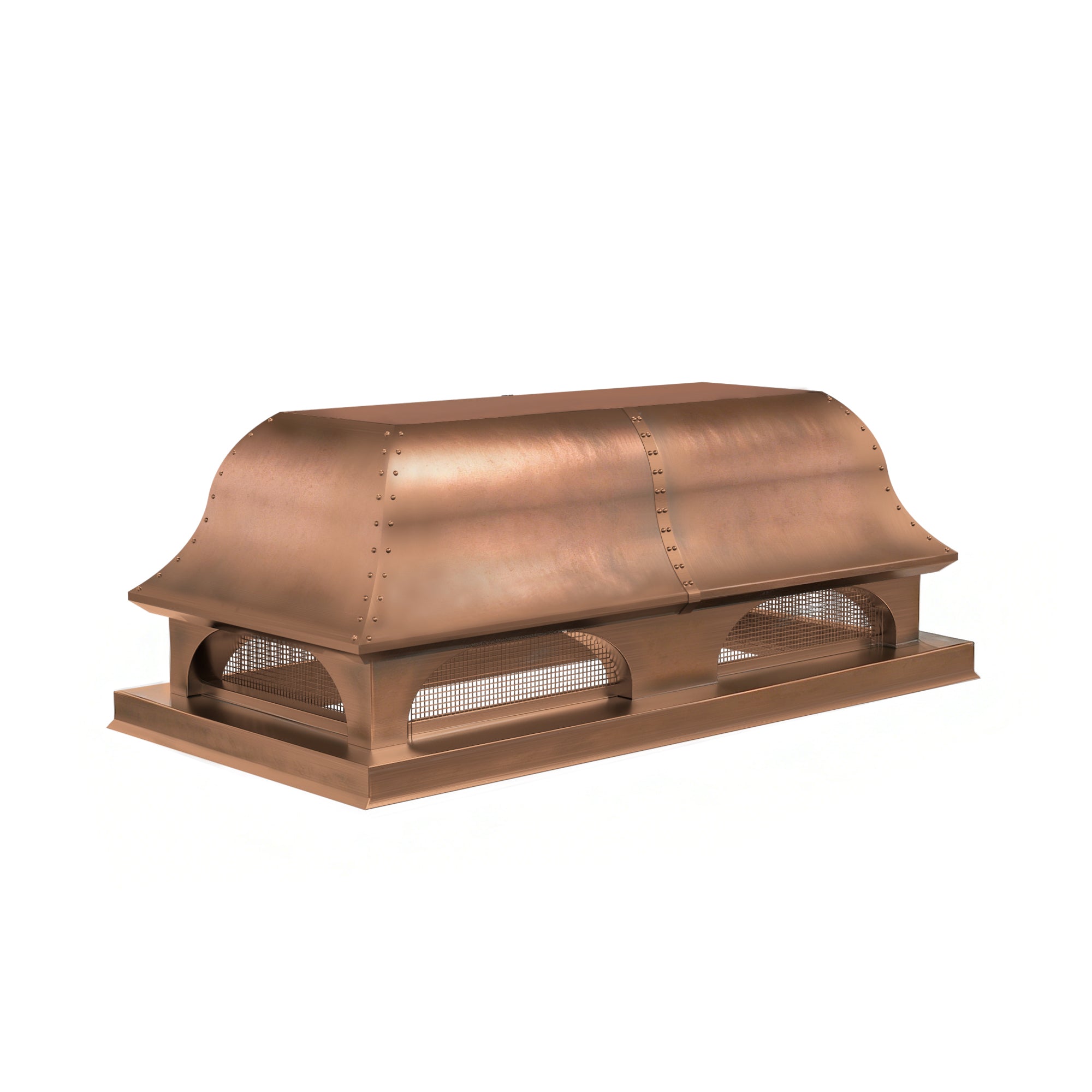 custom copper chimney cap with a flat top and elegant dome srounds and Bird Screen with straps and rivets at chimneycapmaster