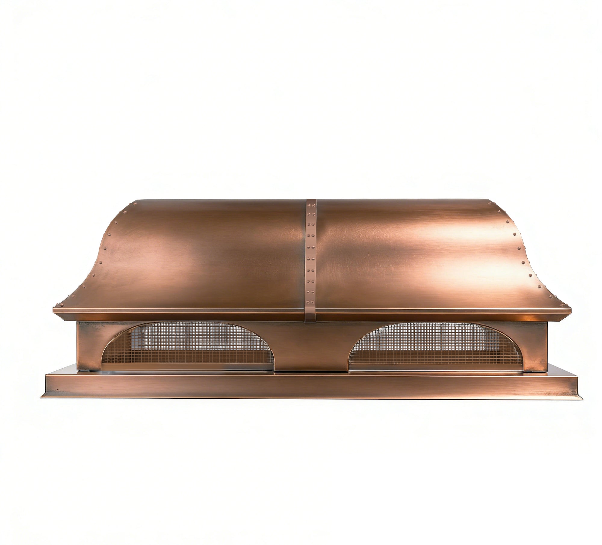 custom copper chimney cap with a flat top and elegant dome srounds and Bird Screen with straps and rivets at chimneycapmaster