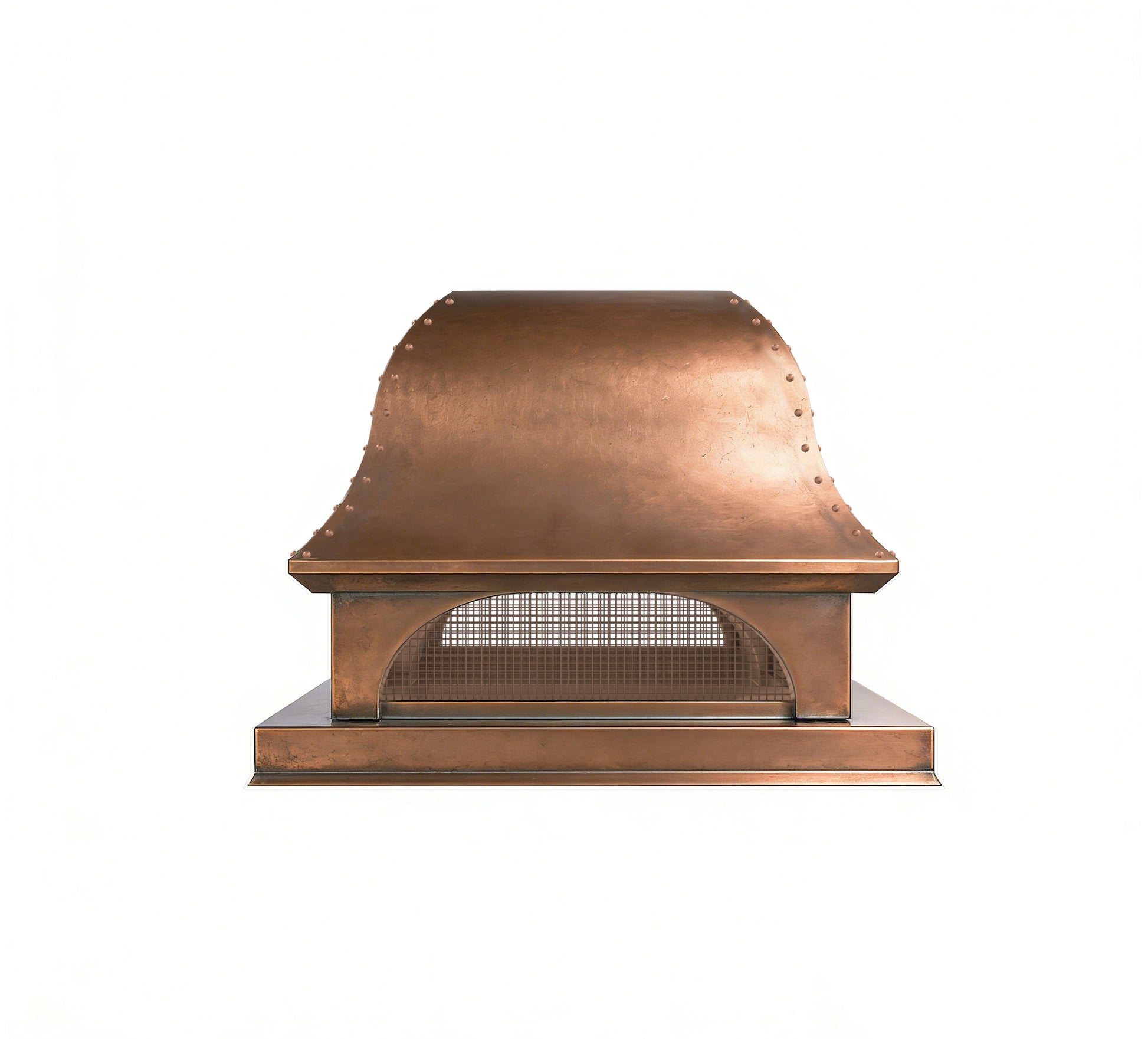 custom copper chimney cap with a flat top and elegant dome srounds and Bird Screen with straps and rivets at chimneycapmaster