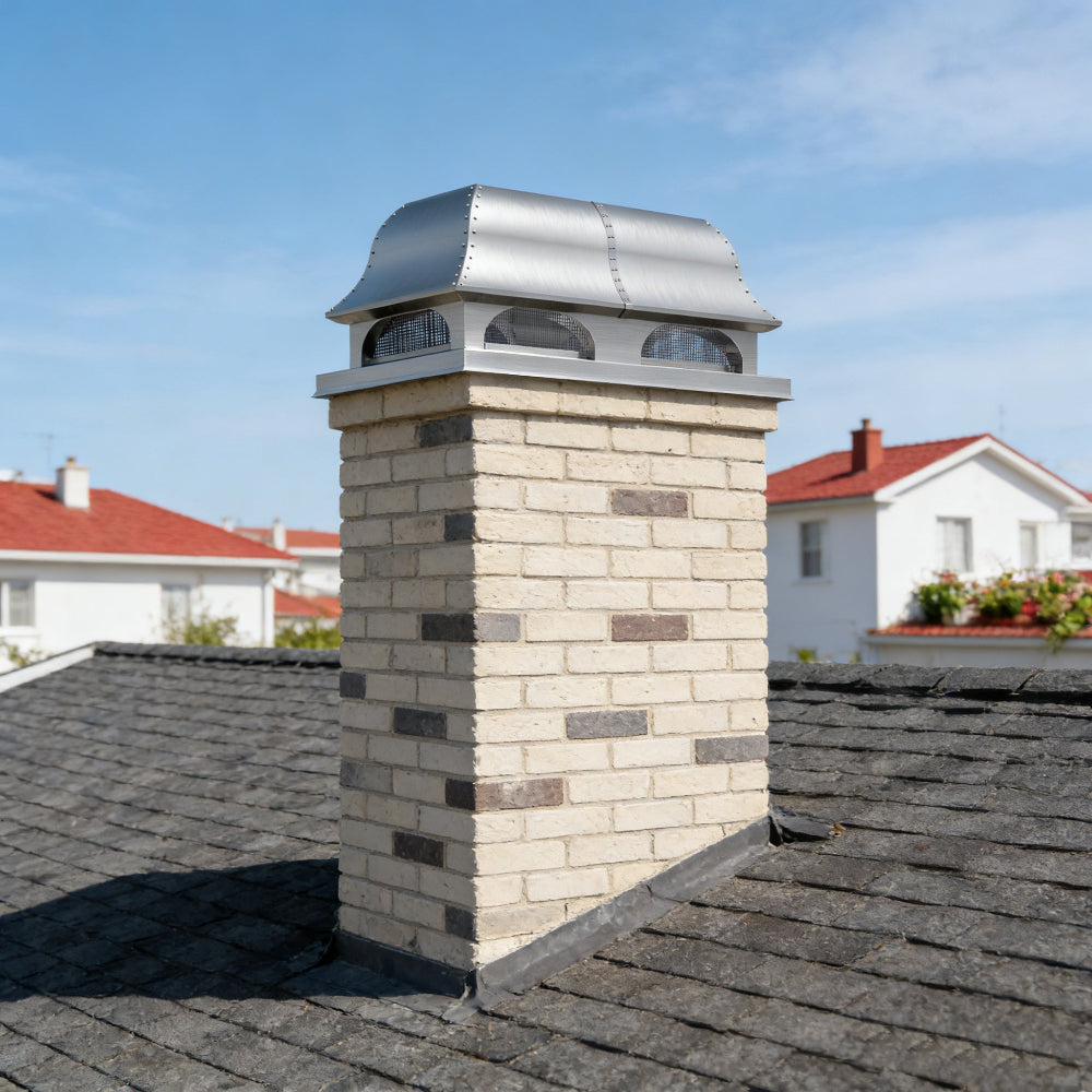 custom brushed stainless steel chimney cap with a flat top and elegant dome srounds and Bird Screen with straps and rivets at chimneycapmaster