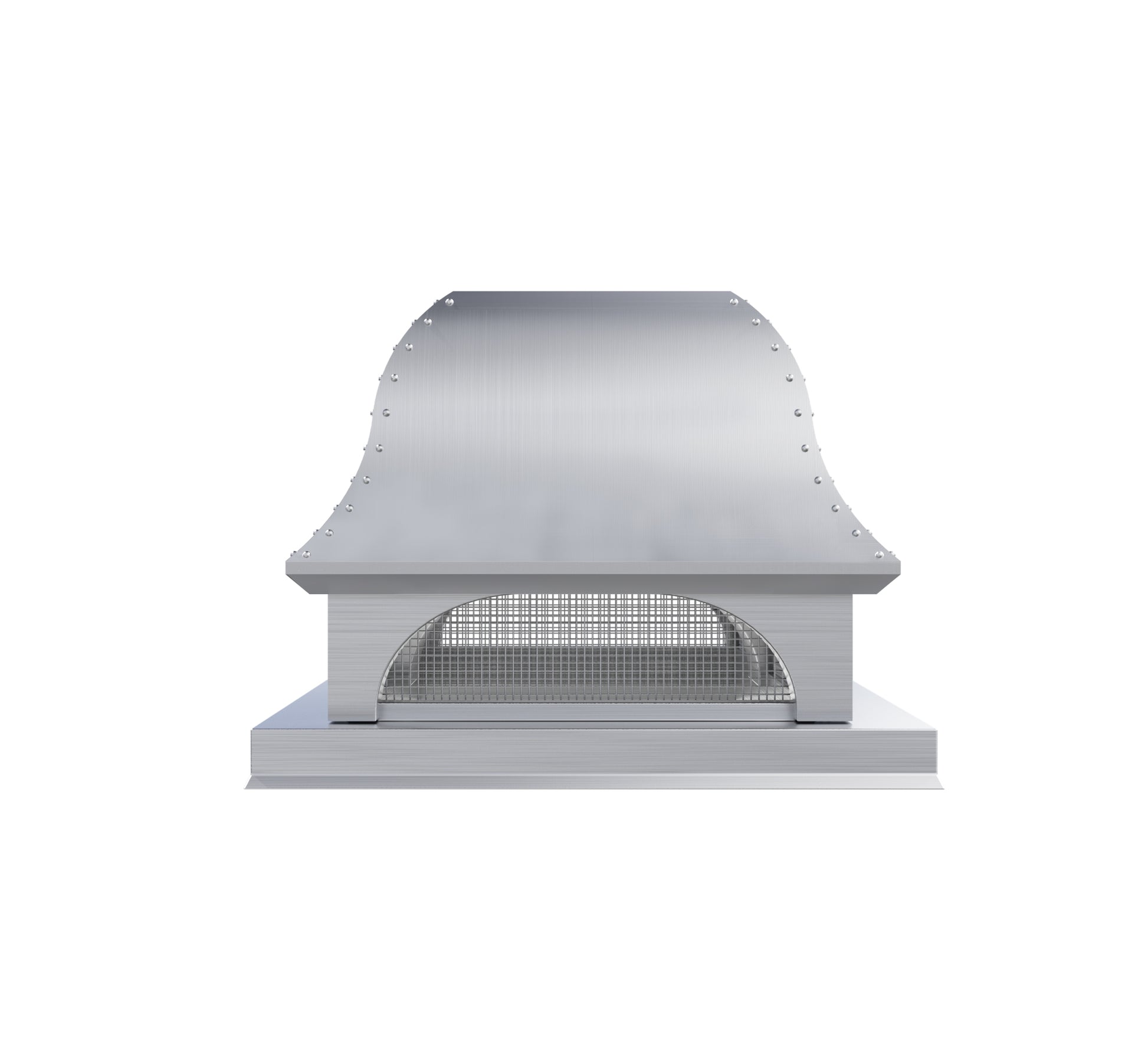 custom brushed stainless steel chimney cap with a flat top and elegant dome srounds and Bird Screen with straps and rivets at chimneycapmaster