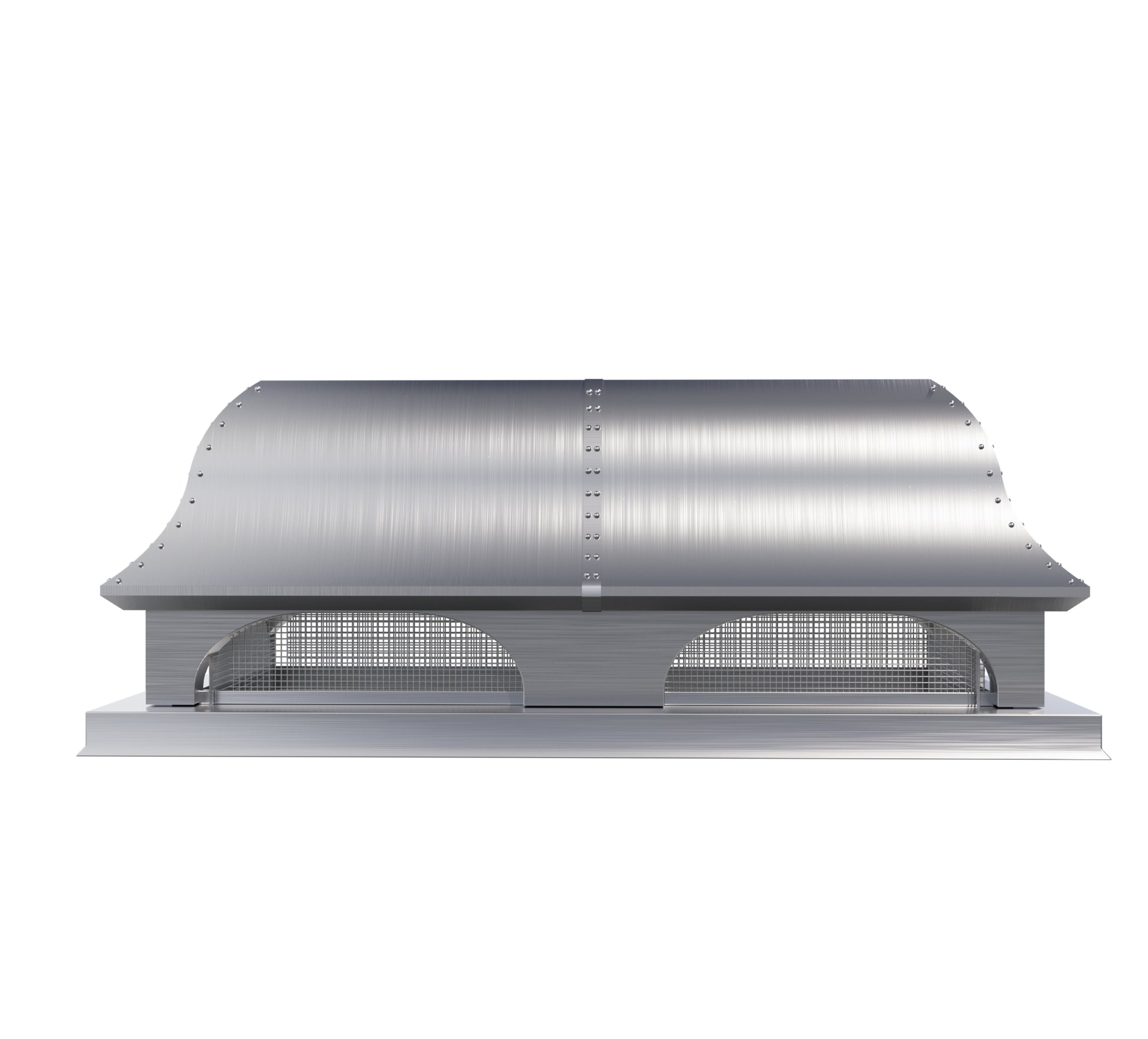 custom brushed stainless steel chimney cap with a flat top and elegant dome srounds and Bird Screen with straps and rivets at chimneycapmaster
