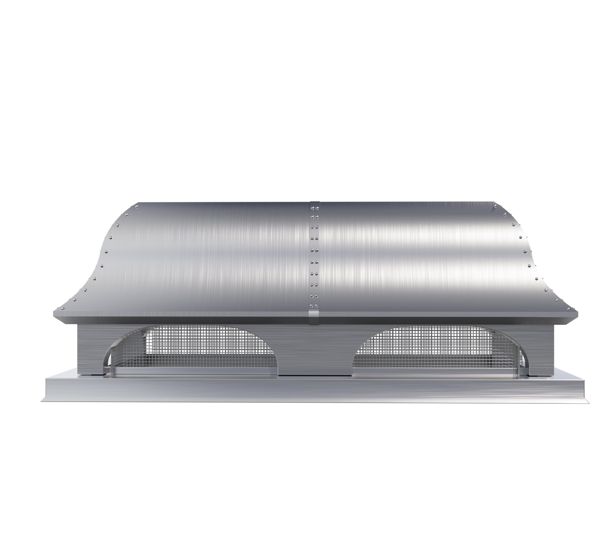 custom brushed stainless steel chimney cap with a flat top and elegant dome srounds and Bird Screen with straps and rivets at chimneycapmaster