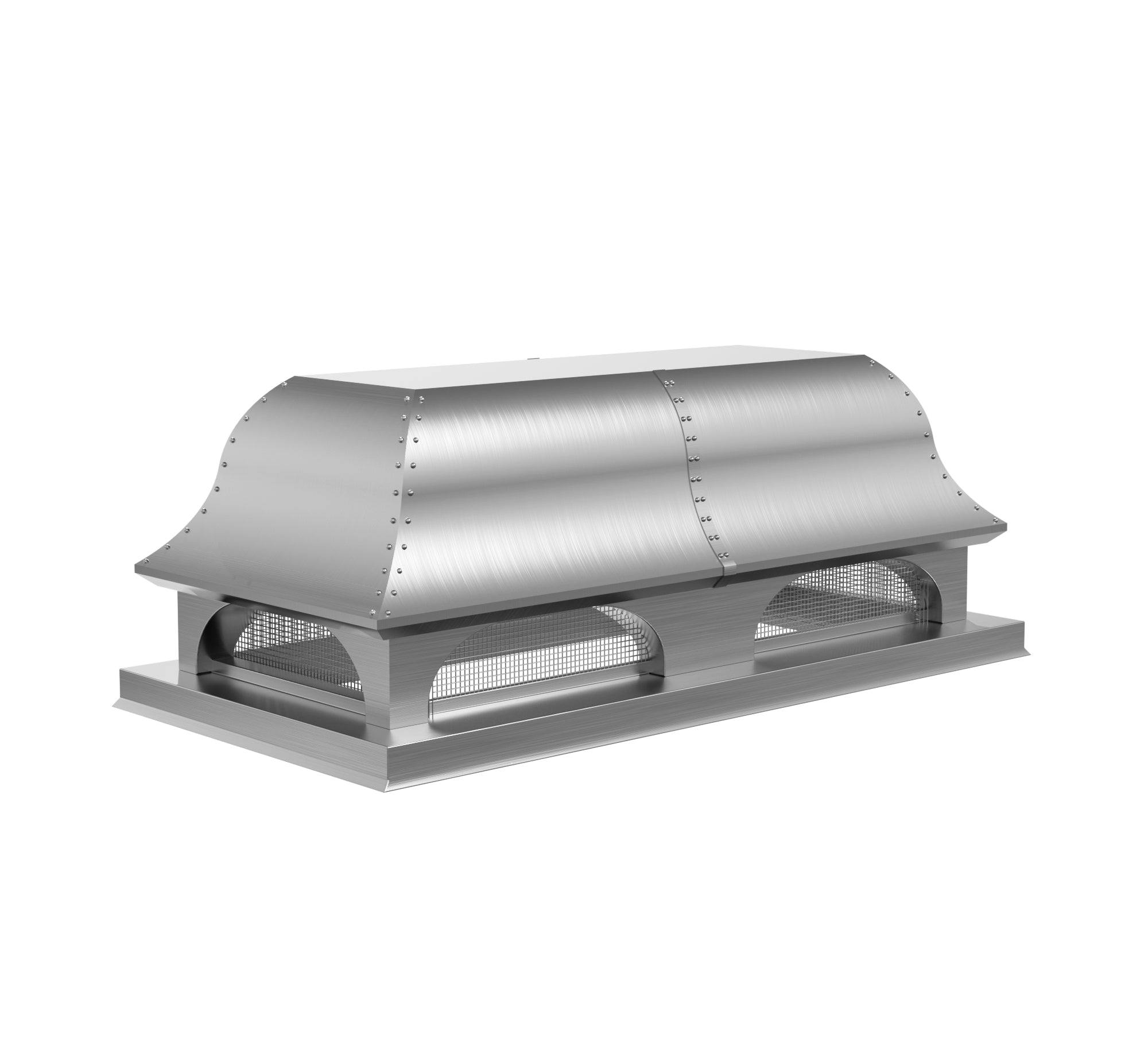 custom brushed stainless steel chimney cap with a flat top and elegant dome srounds and Bird Screen with straps and rivets at chimneycapmaster