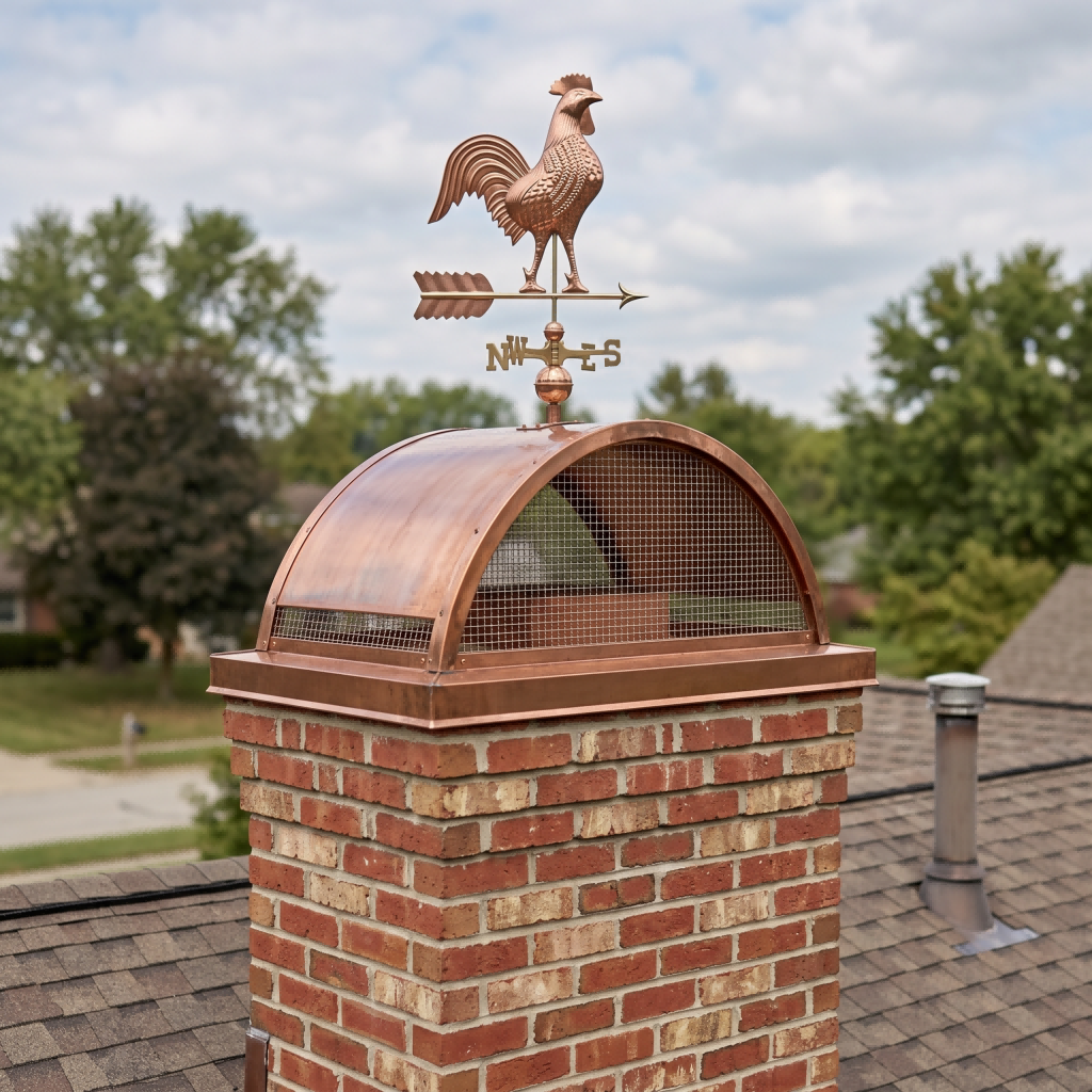 Handmade pure copper chimney cap with decorative weathervane at chimneycapmaster