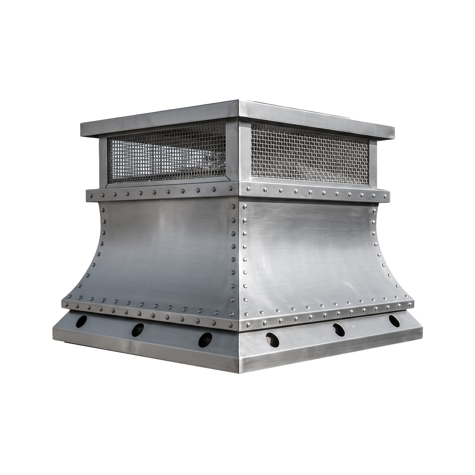 Natural zinc chimney cap with decorative rivets and handcrafted weather-resistant construction
