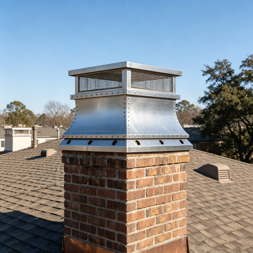 Natural zinc chimney cap with decorative rivets and handcrafted weather-resistant construction
