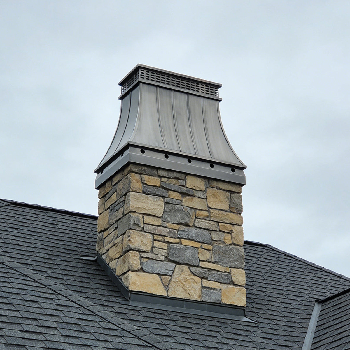 custom brushed gray stainless steel handmade chimney cap flat top design with straps and mesh