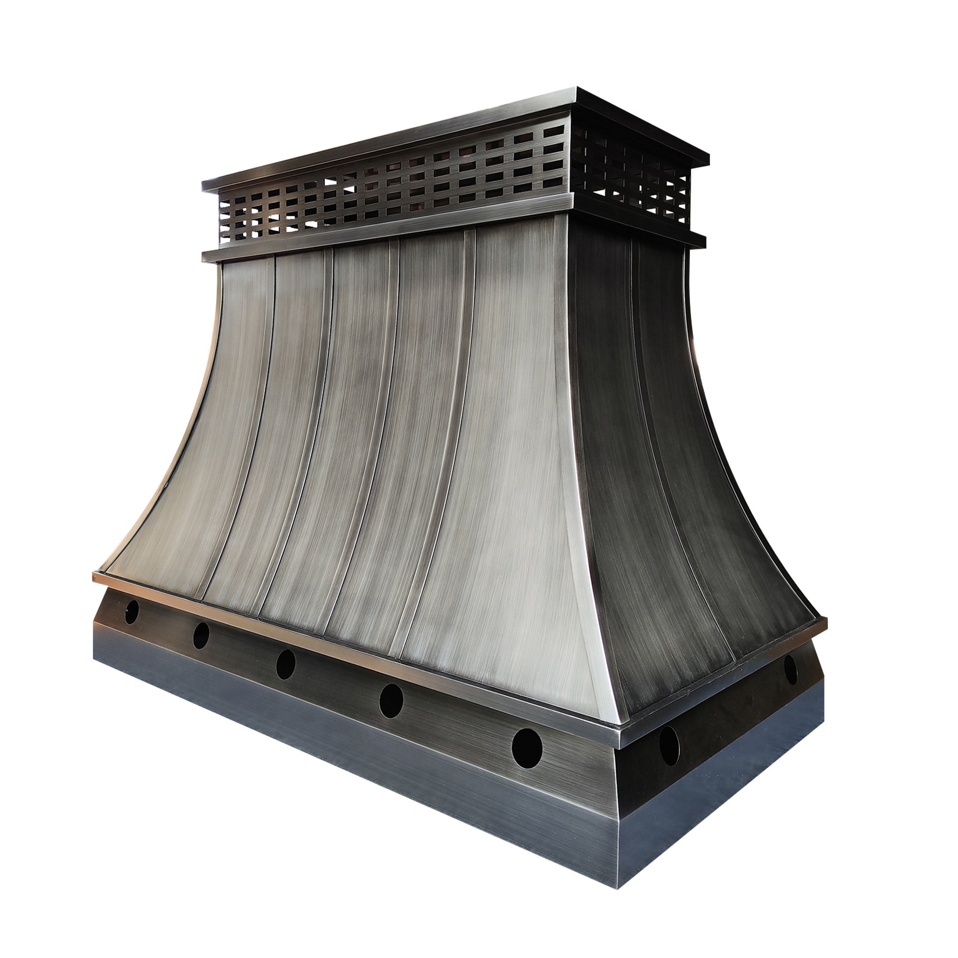 custom brushed gray stainless steel handmade chimney cap flat top design with straps and mesh