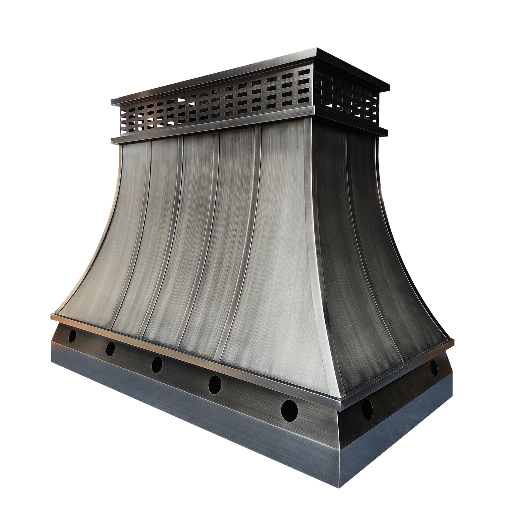 custom brushed gray stainless steel handmade chimney cap flat top design with straps and mesh