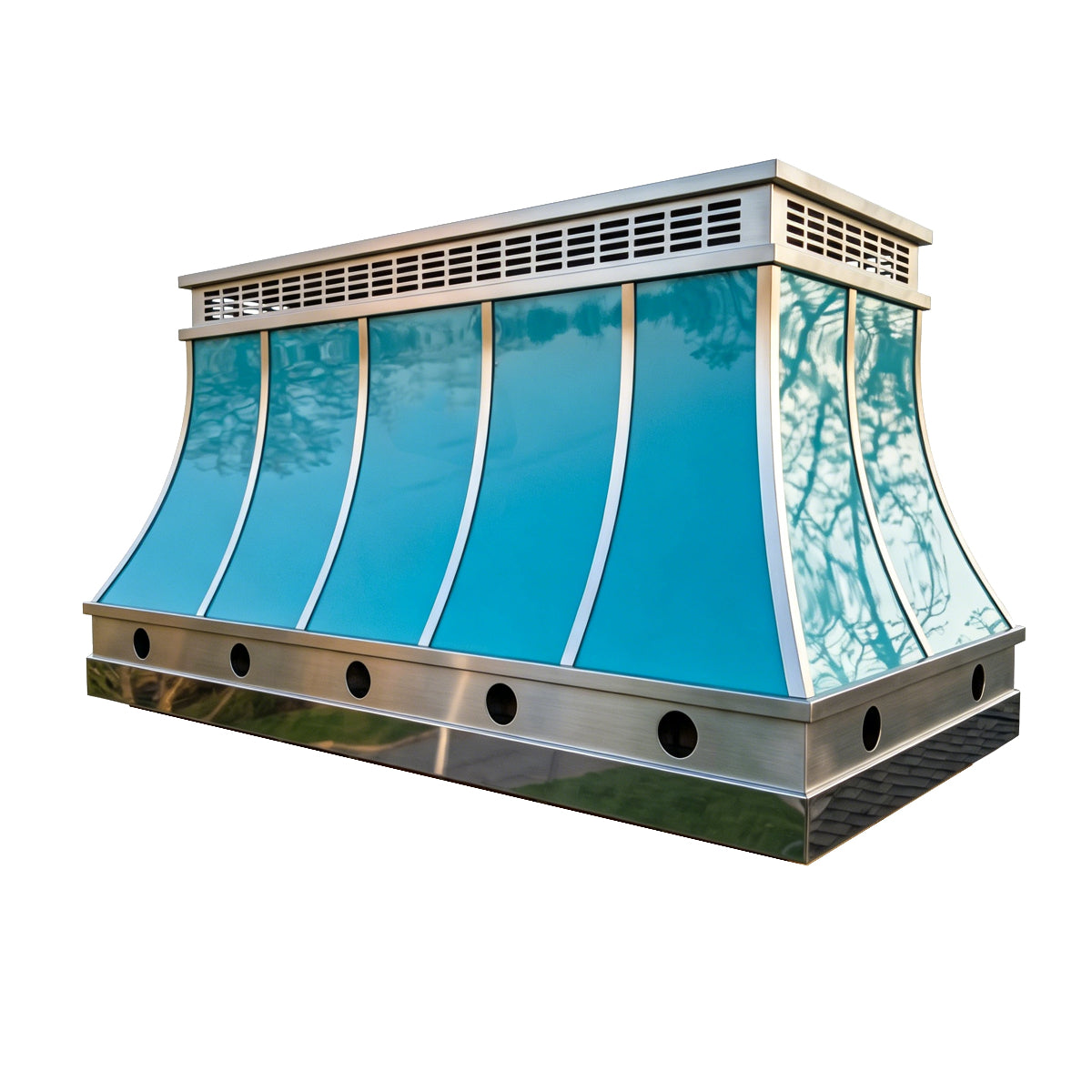 Turquoise custom chimney cap with brushed stainless steel straps for Miami coastal homes
