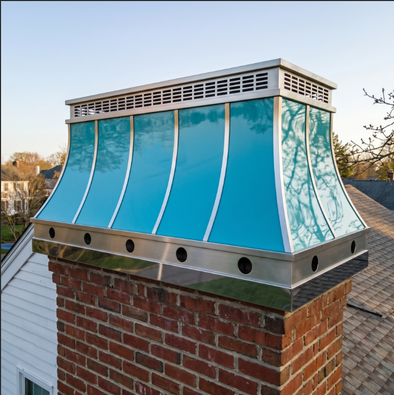 Turquoise custom chimney cap with brushed stainless steel straps for Miami coastal homes
