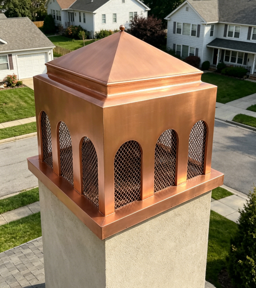 MASTER Pure Copper Chimney Cap Pyramid Design MC-P05 custom copper chimney cap installed on brick chimney