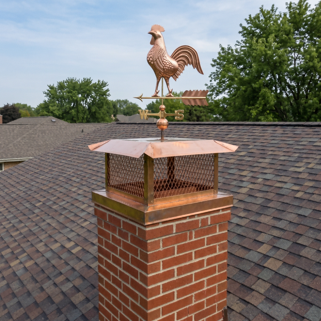Pure copper chimney cap with mesh panels and decorative weathervane at chimneycapmaster