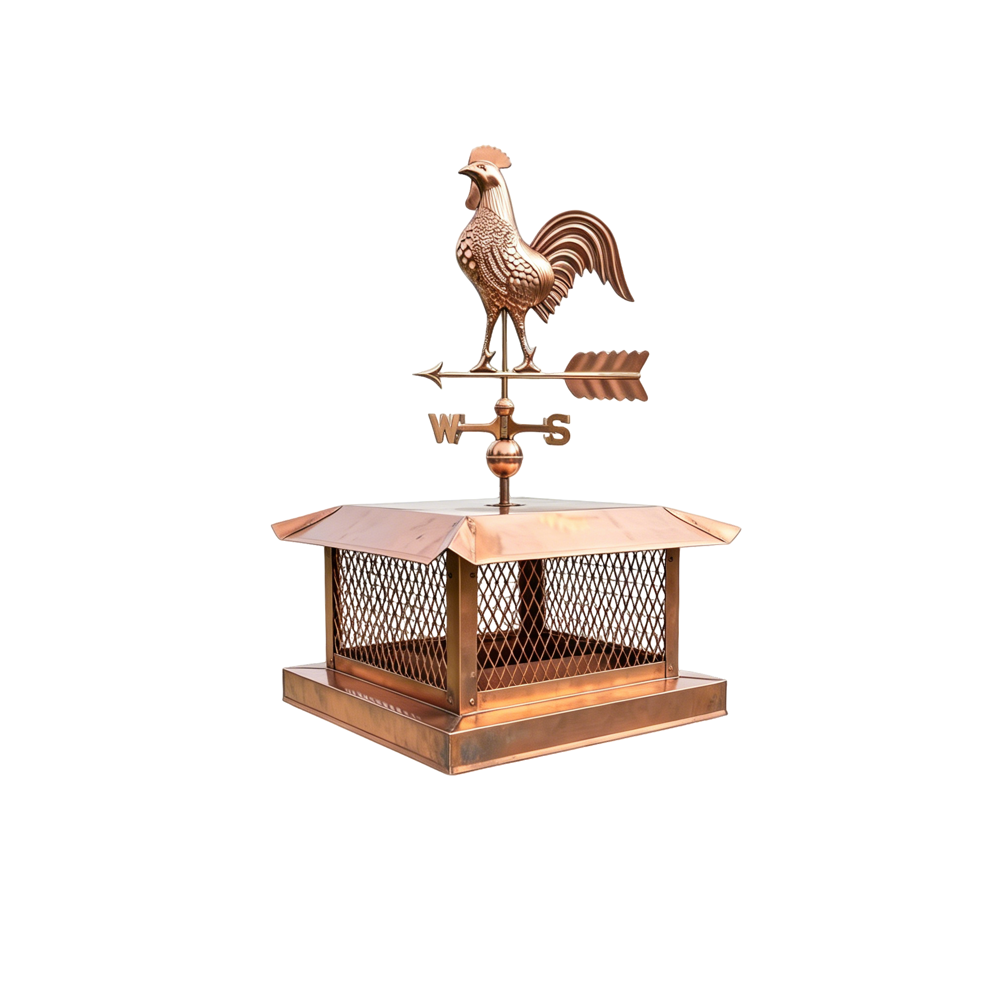 Pure copper chimney cap with mesh panels and decorative weathervane at chimneycapmaster