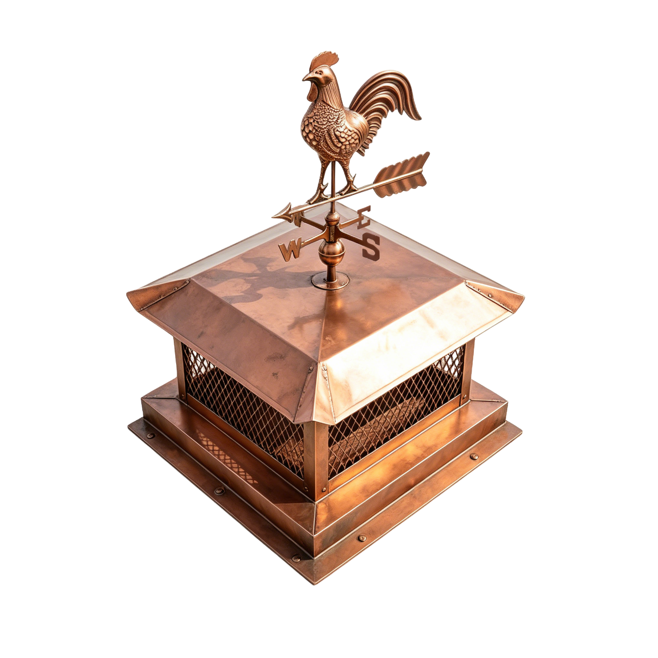 Pure copper chimney cap with mesh panels and decorative weathervane at chimneycapmaster