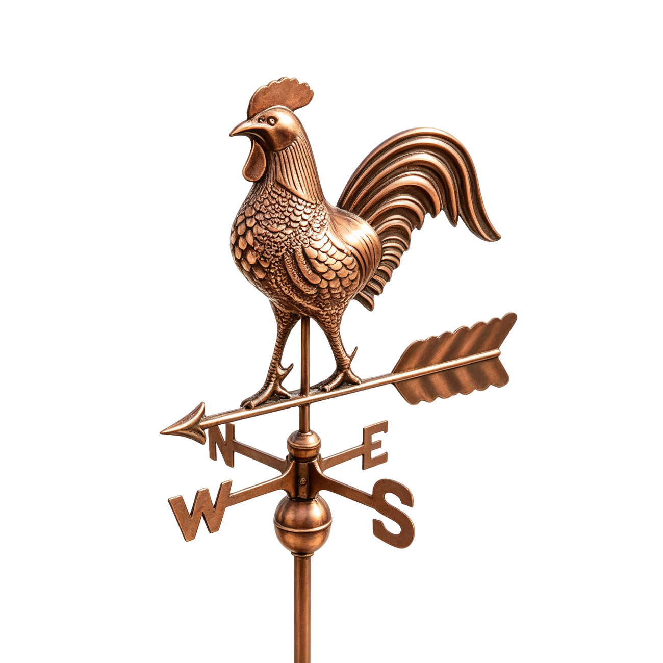 Pure copper chimney cap with mesh panels and decorative weathervane at chimneycapmaster