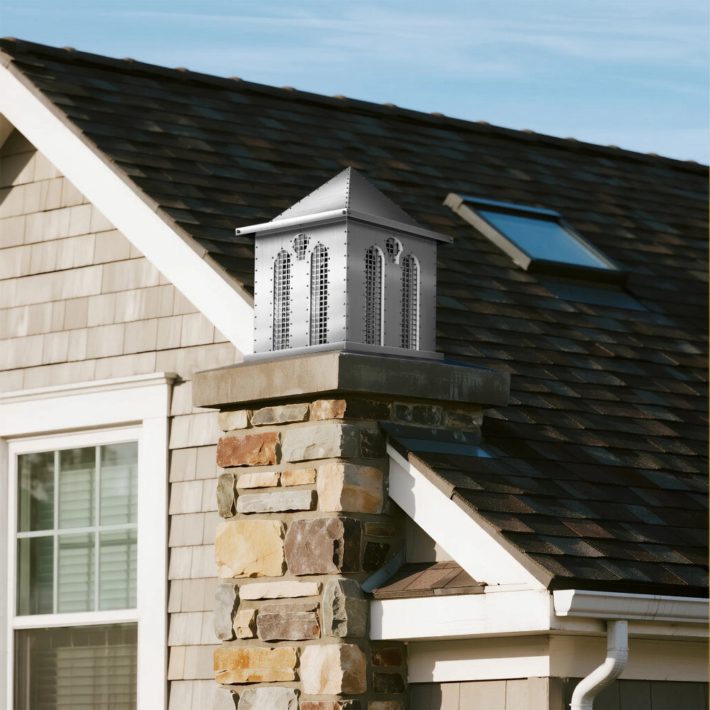 custom brushed stainless steel chimney top cap with pyramid top and protective mash at chimneycapmaster