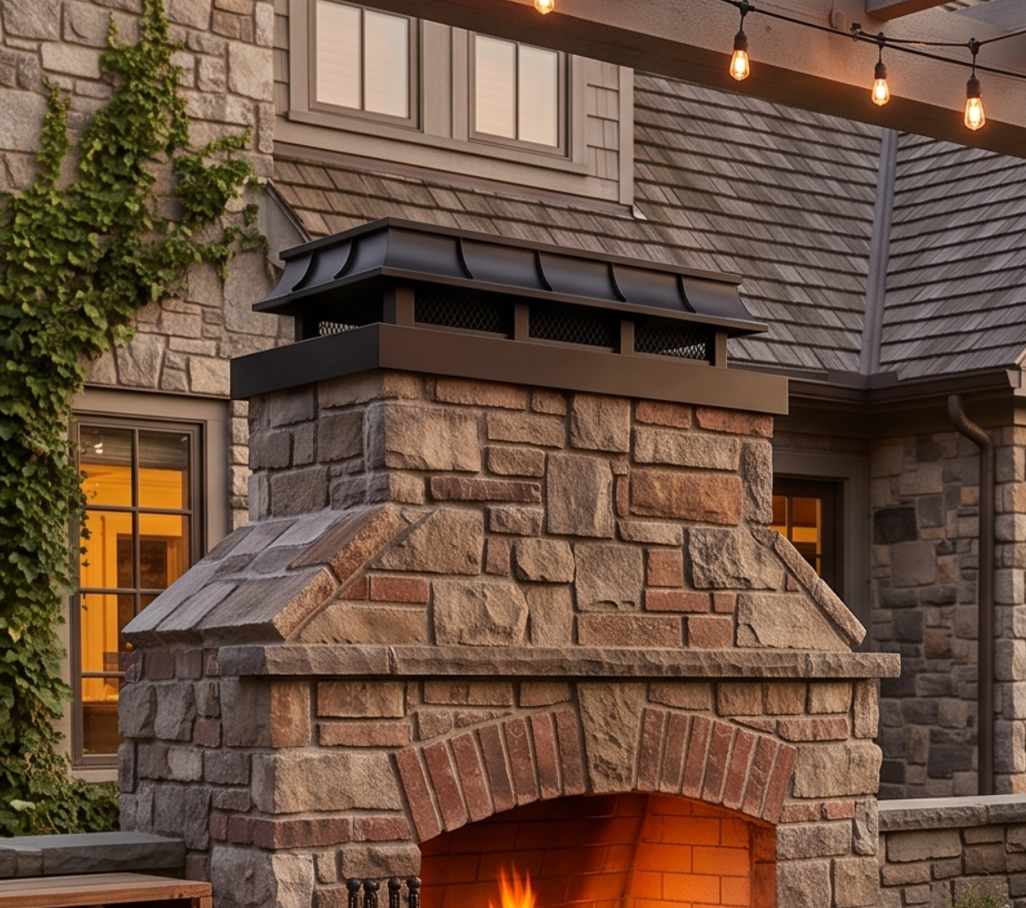 Custom black stainless steel fireplace cap flat top with mesh at chimneycapmaster