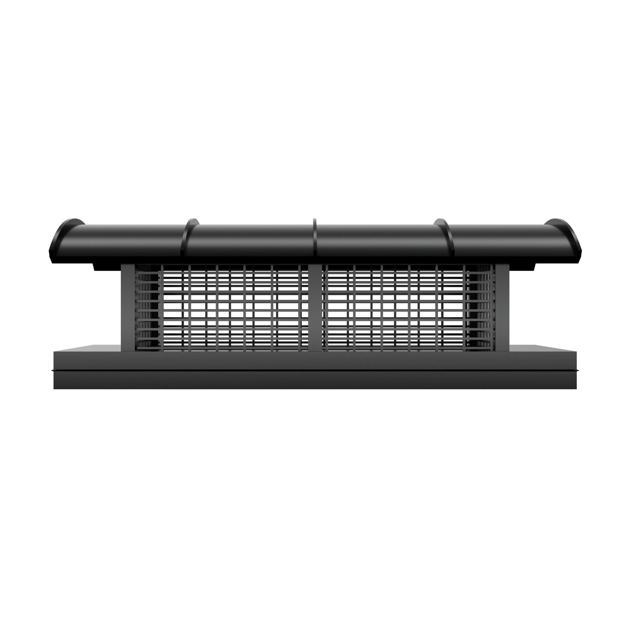 Mailbox-shaped black stainless steel fireplace cap with mesh at chimneycapmaster