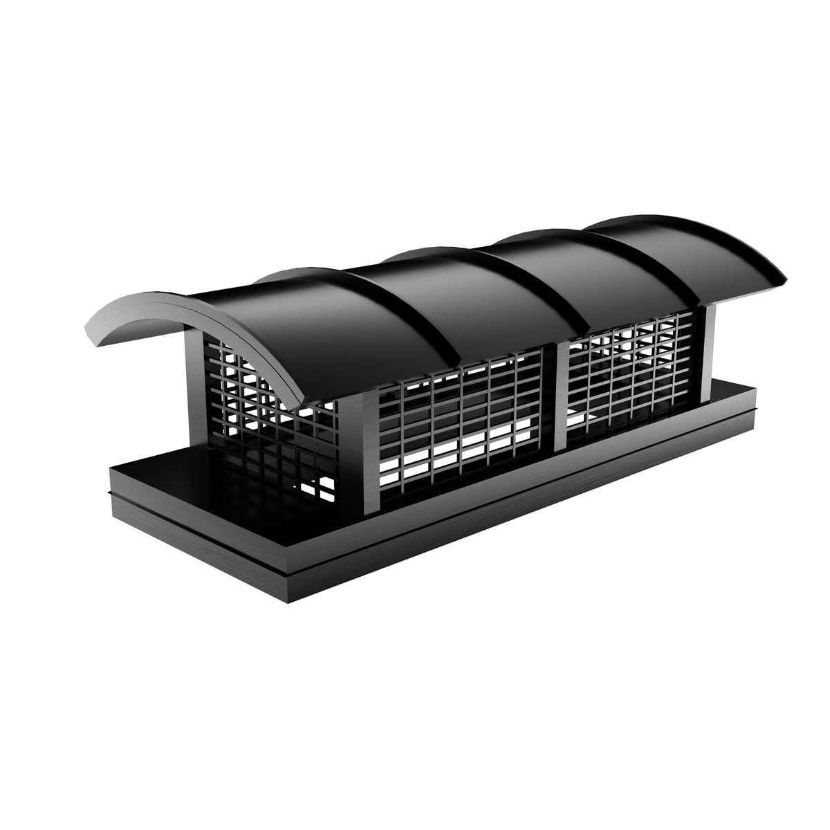 Mailbox-shaped black stainless steel fireplace cap with mesh at chimneycapmaster